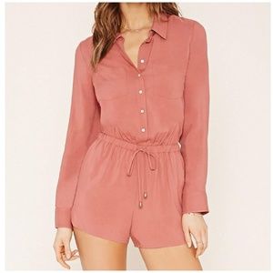 Pink Long Sleeve Button-Up Drawstring Romper